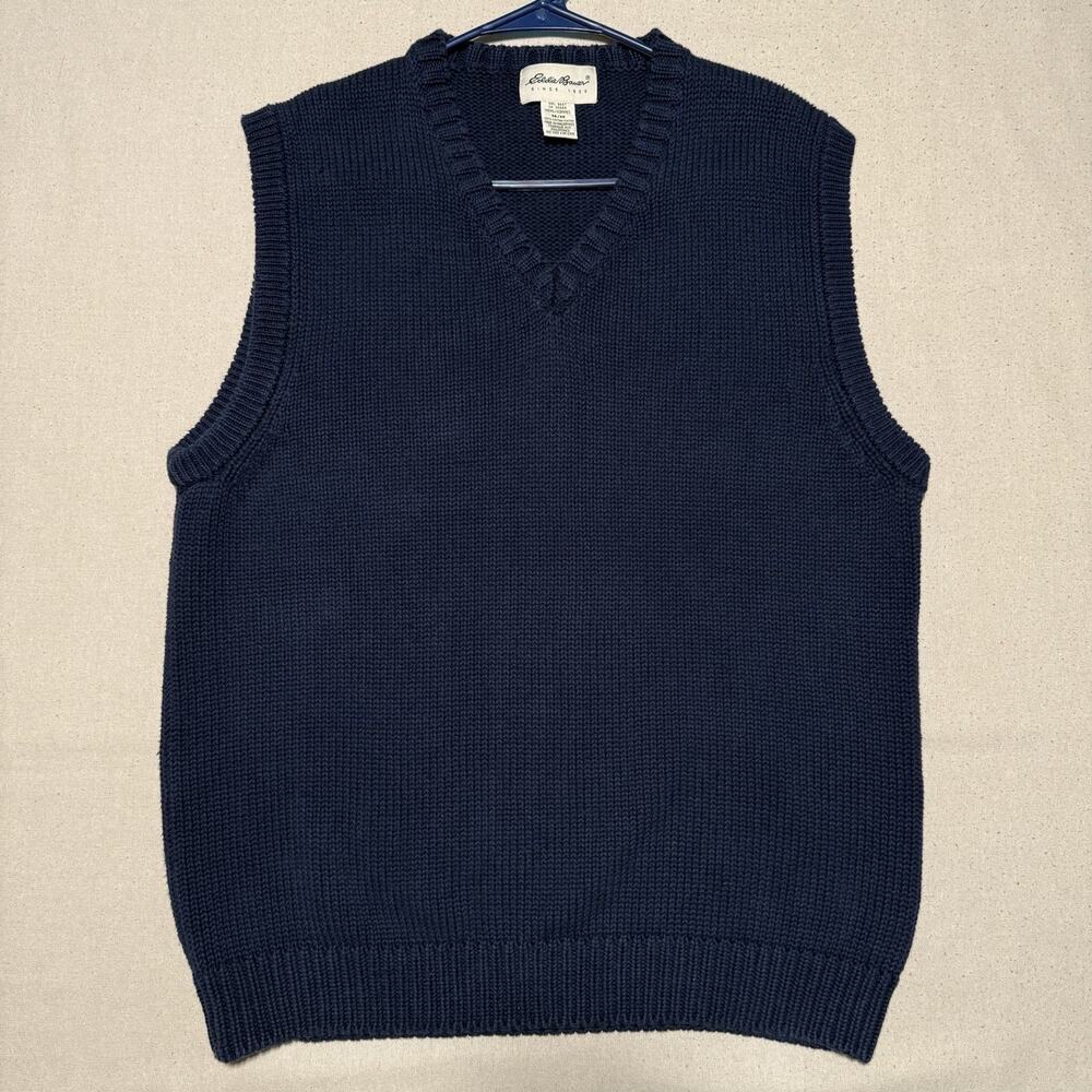 VTG Eddie Bauer Knit Sweater Vest Men's Size M Navy Blue 100% Cotton Sleeveless